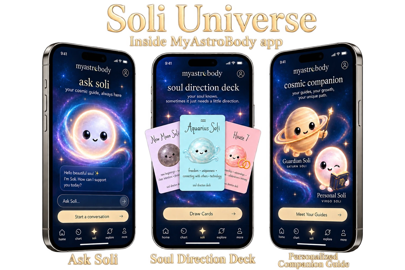 MyAstroBody Soli Universe app shown on three phones